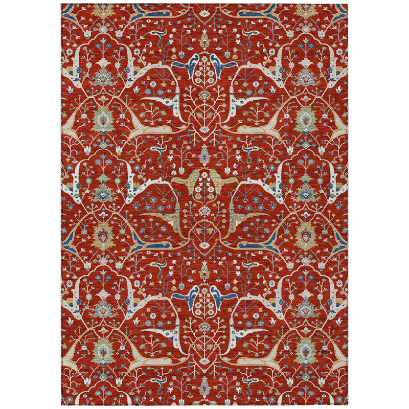8' X 10' Red Blue And Ivory Floral Washable Indoor Outdoor Area Rug