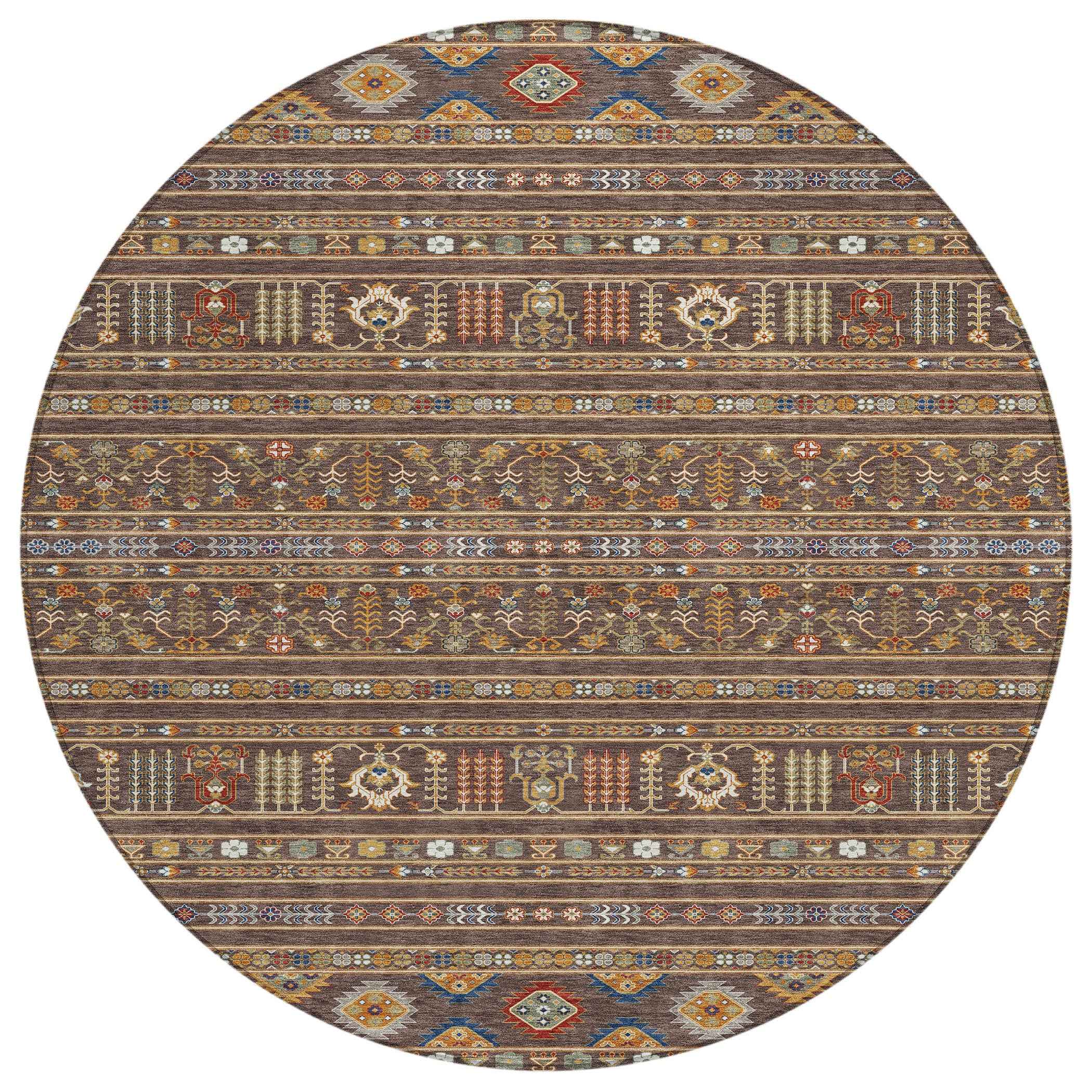 8' Chocolate Blue And Copper Round Tribal Washable Indoor Outdoor Area Rug