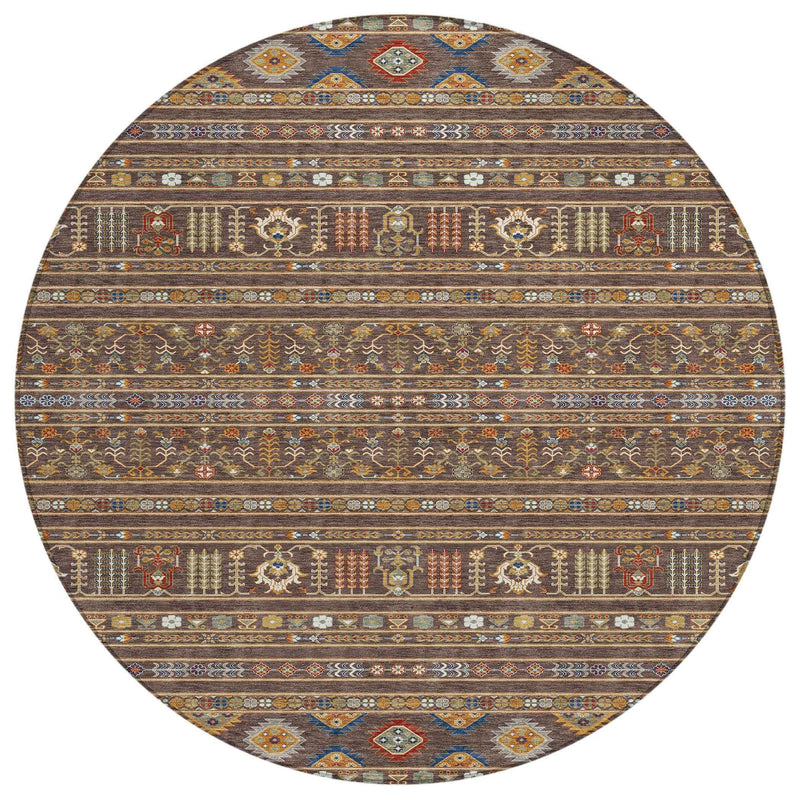 8' Chocolate Blue And Copper Round Tribal Washable Indoor Outdoor Area Rug