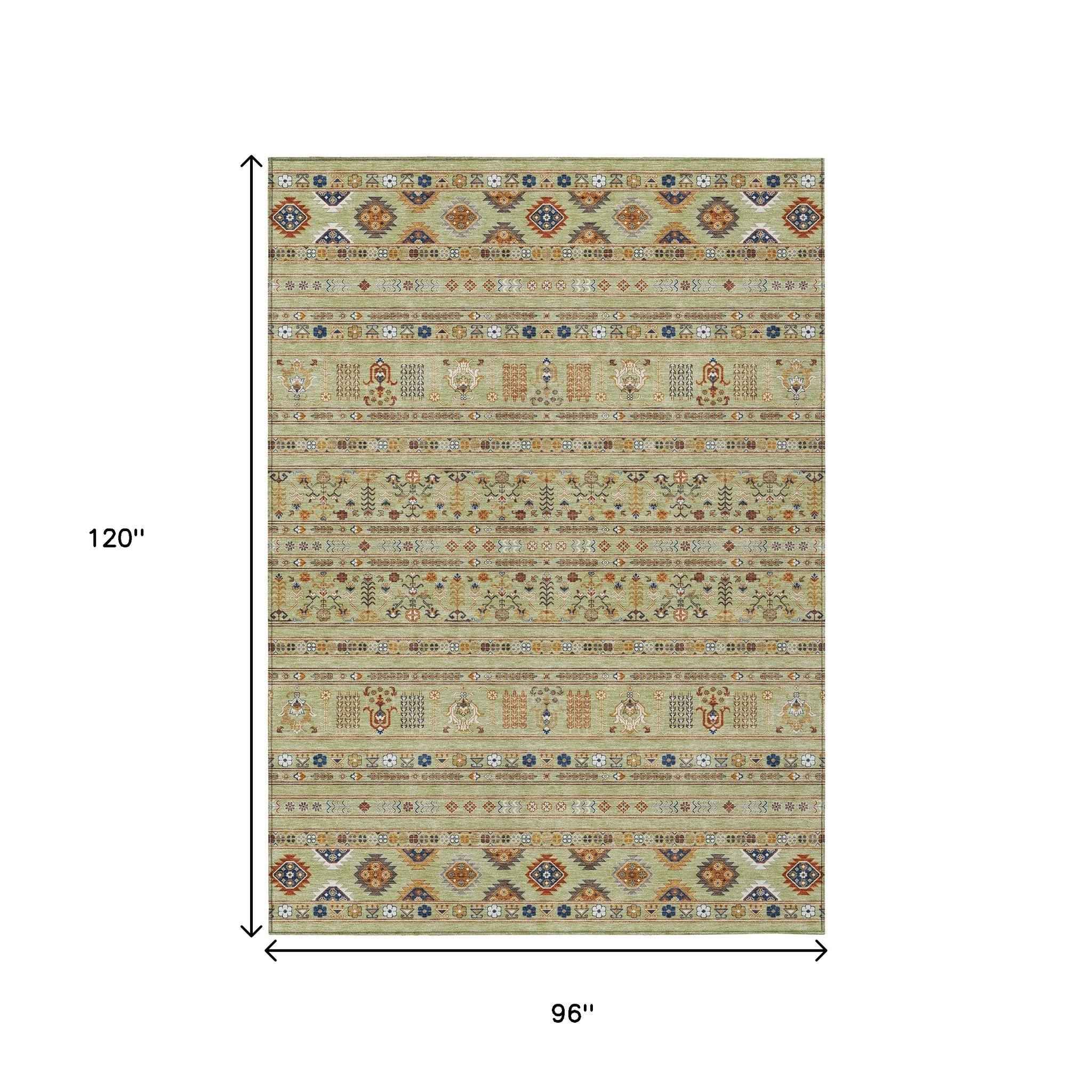 8' X 10' Artichoke Green Blue And Copper Tribal Washable Indoor Outdoor Area Rug