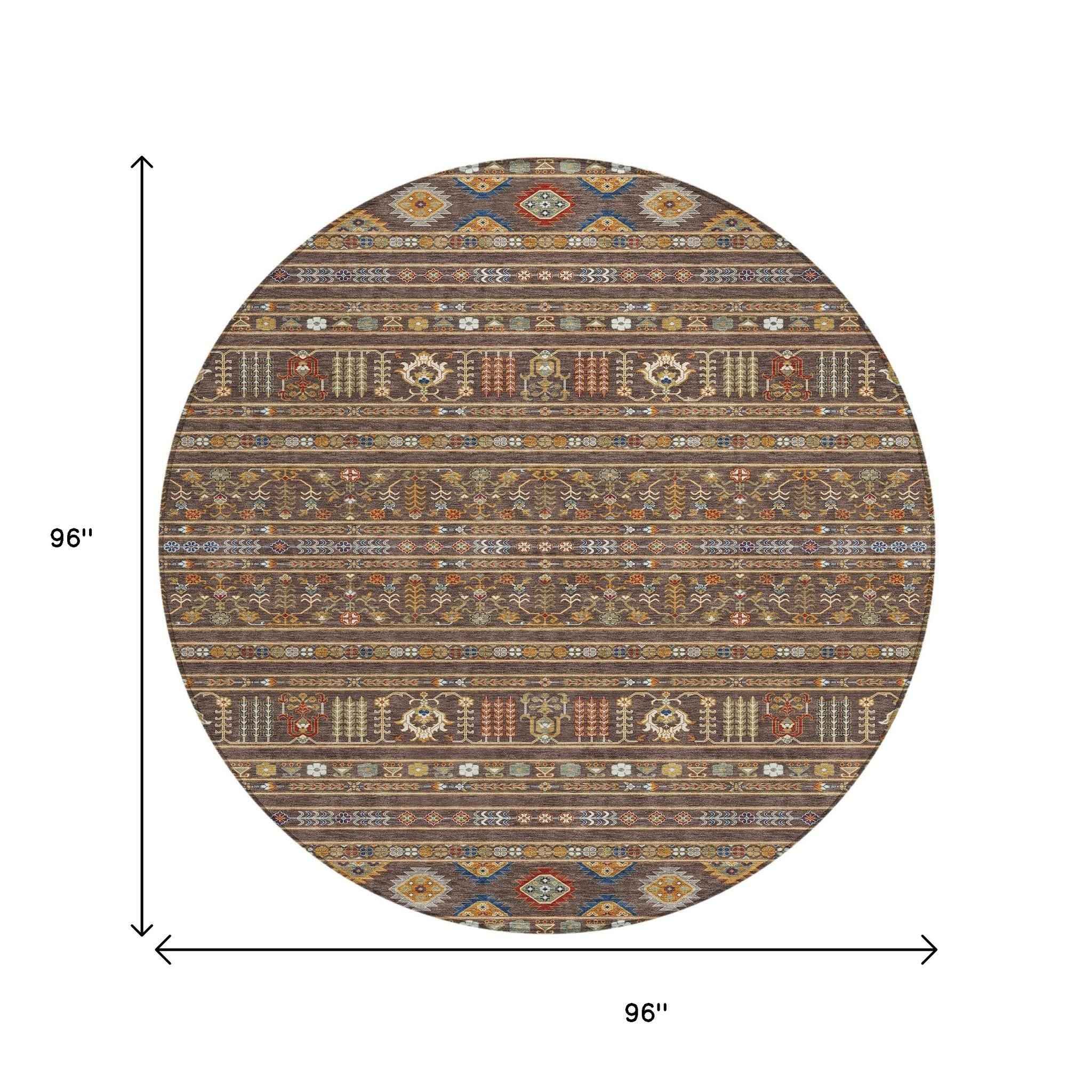 8' Chocolate Blue And Copper Round Tribal Washable Indoor Outdoor Area Rug