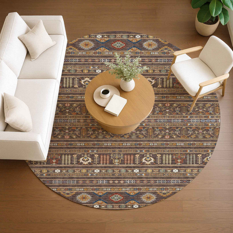 8' Chocolate Blue And Copper Round Tribal Washable Indoor Outdoor Area Rug