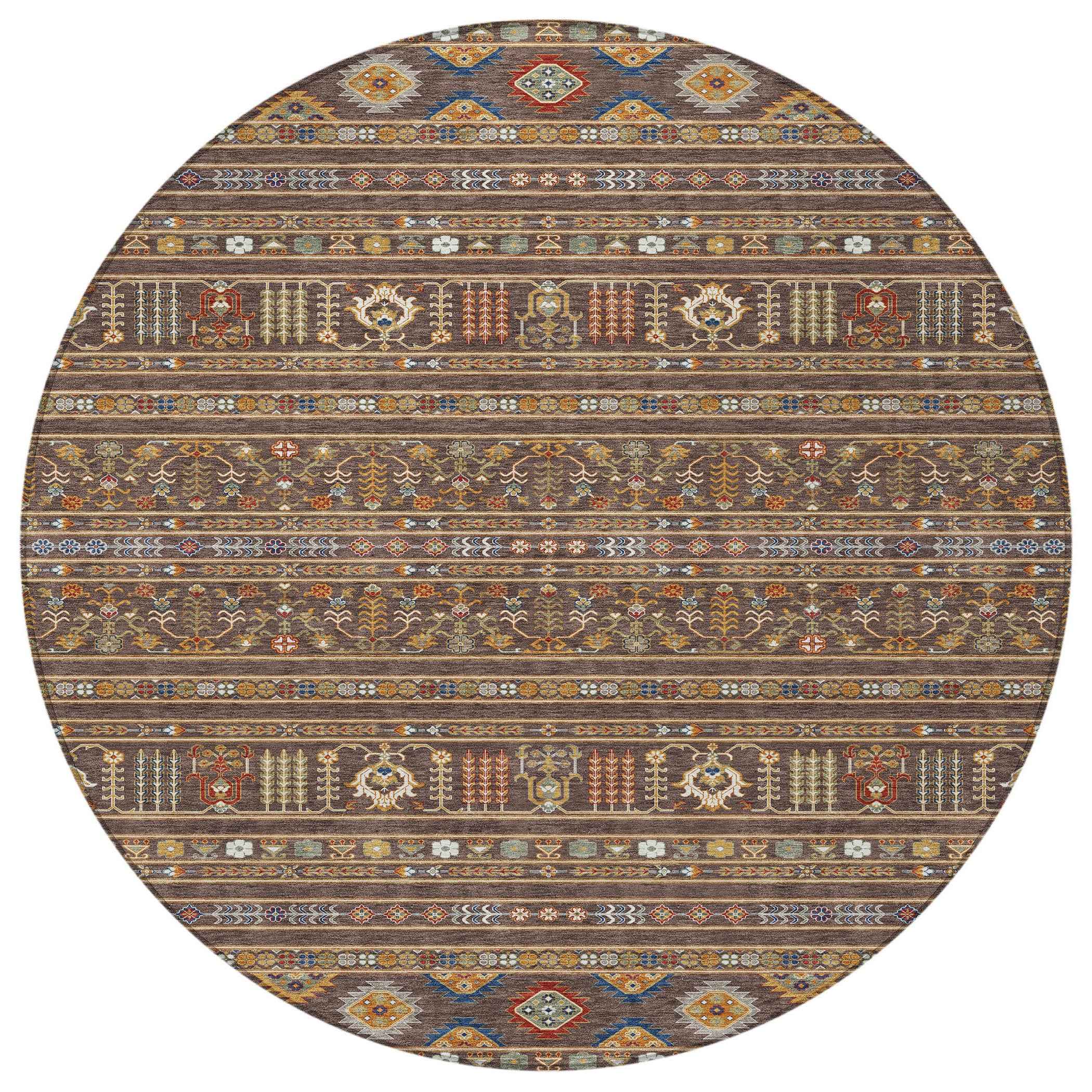 8' Chocolate Blue And Copper Round Tribal Washable Indoor Outdoor Area Rug