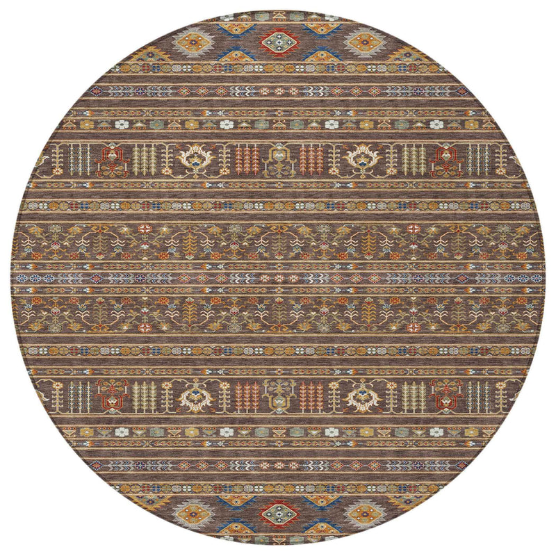 8' Chocolate Blue And Copper Round Tribal Washable Indoor Outdoor Area Rug