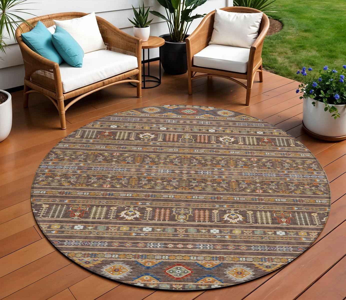 8' Chocolate Blue And Copper Round Tribal Washable Indoor Outdoor Area Rug