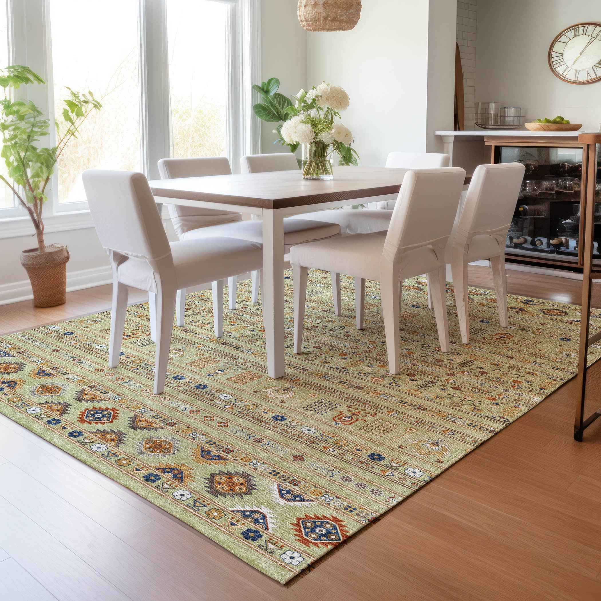 8' X 10' Artichoke Green Blue And Copper Tribal Washable Indoor Outdoor Area Rug