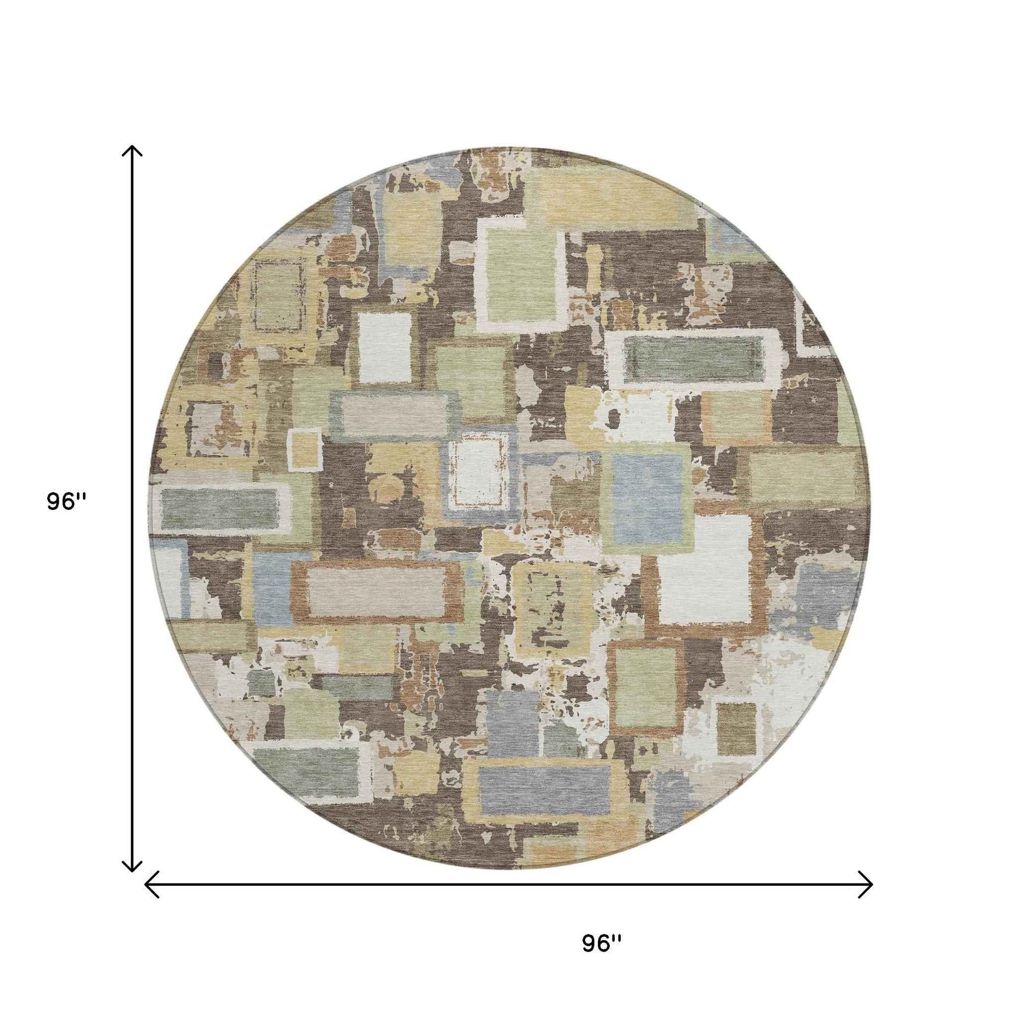 8' Brown Ivory And Gray Round Geometric Washable Indoor Outdoor Area Rug