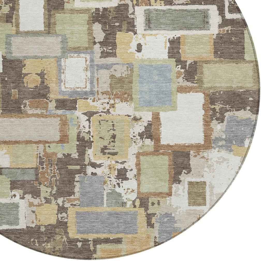 8' Brown Ivory And Gray Round Geometric Washable Indoor Outdoor Area Rug