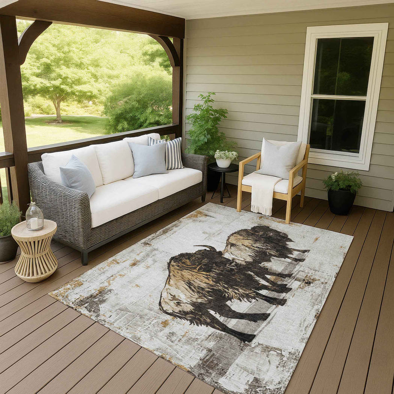 5' X 8' Beige Ivory And Charcoal Animal Print Washable Indoor Outdoor Area Rug
