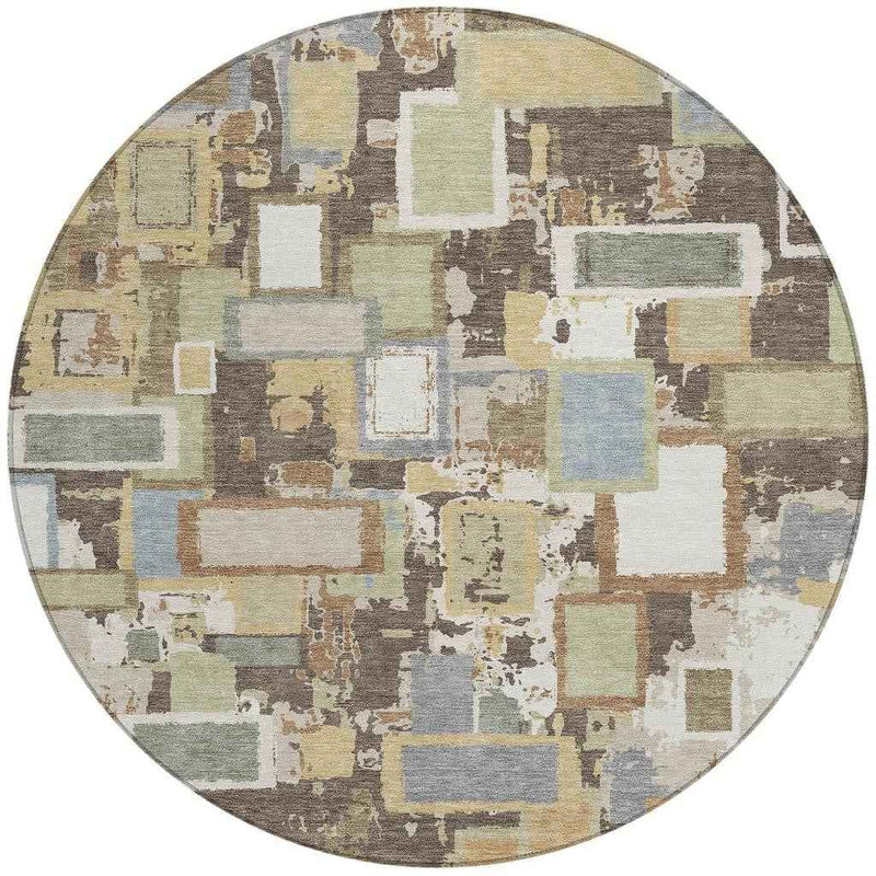 8' Brown Ivory And Gray Round Geometric Washable Indoor Outdoor Area Rug