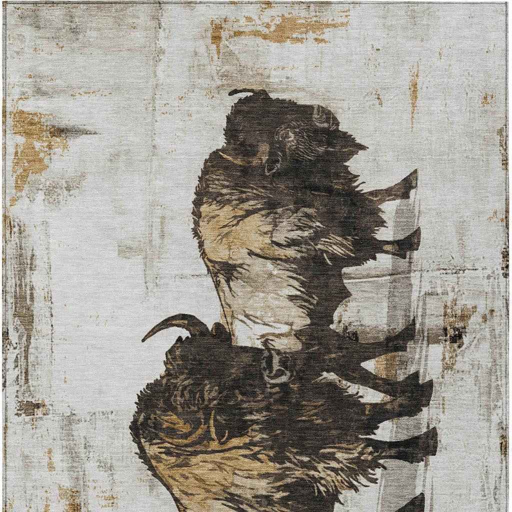 5' X 8' Beige Ivory And Charcoal Animal Print Washable Indoor Outdoor Area Rug