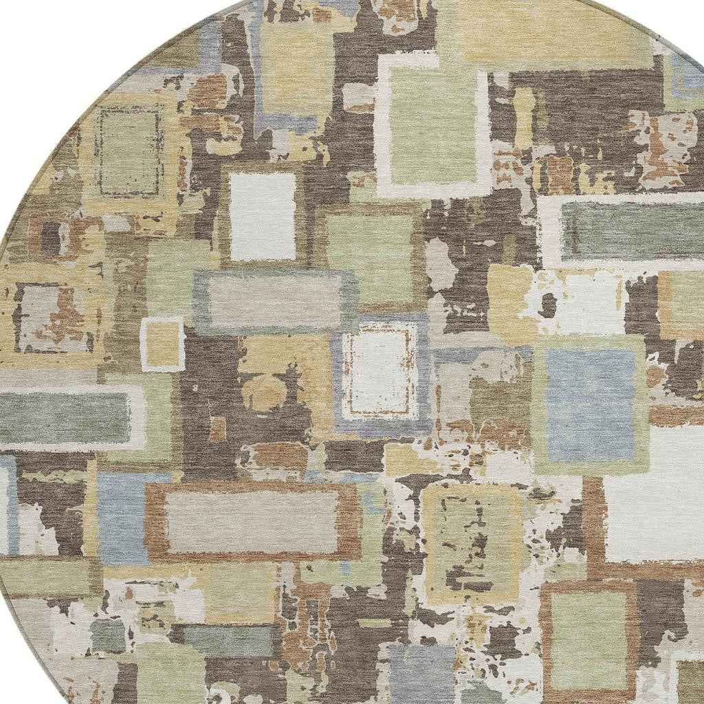 8' Brown Ivory And Gray Round Geometric Washable Indoor Outdoor Area Rug