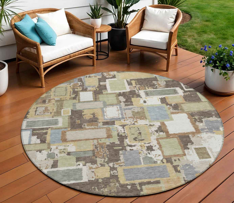8' Brown Ivory And Gray Round Geometric Washable Indoor Outdoor Area Rug