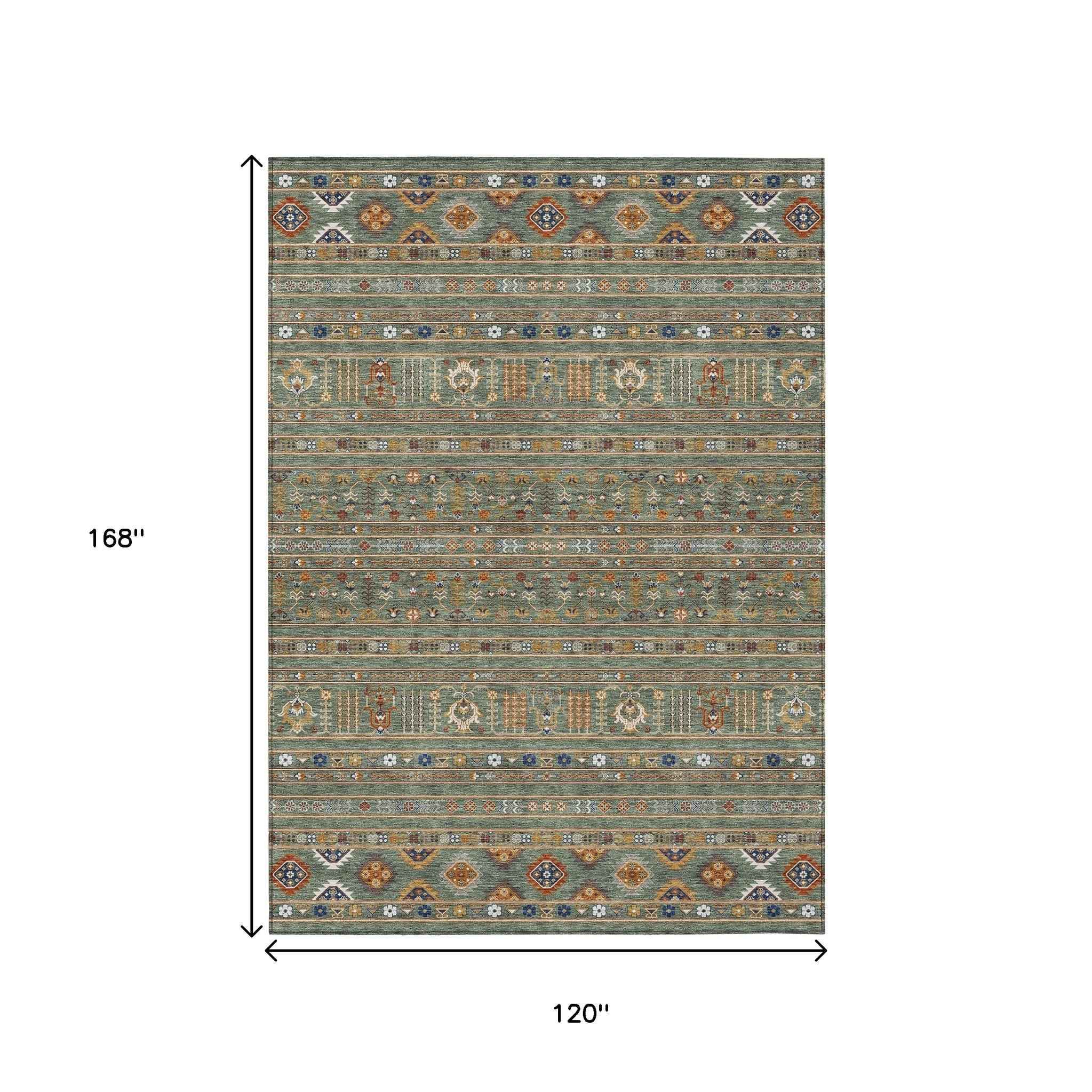 10' X 14' Sage Gold And Copper Tribal Washable Indoor Outdoor Area Rug