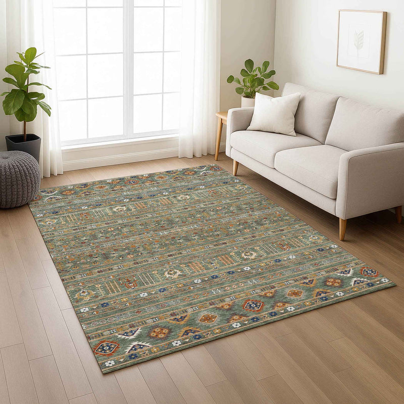 10' X 14' Sage Gold And Copper Tribal Washable Indoor Outdoor Area Rug