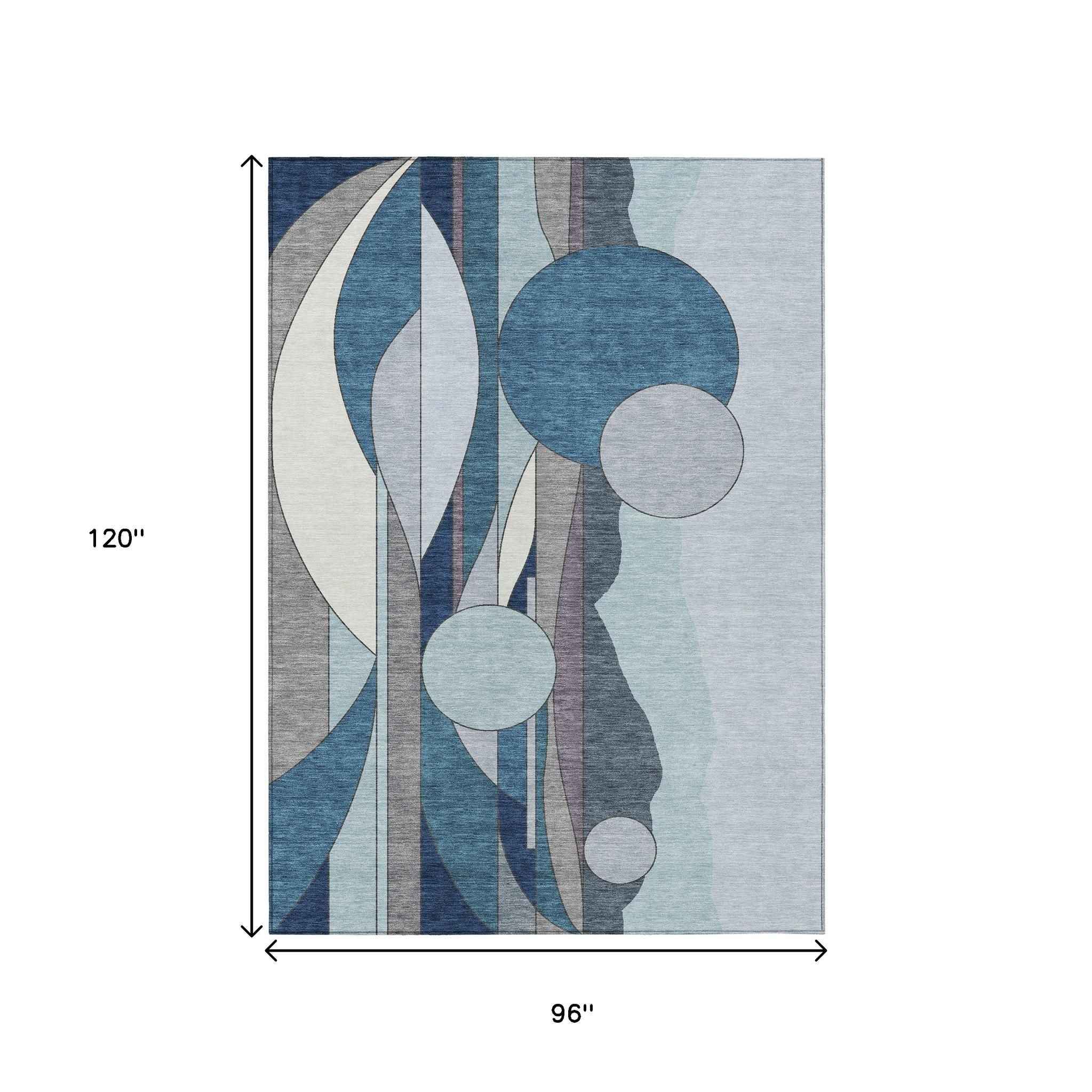 8' X 10' Blue And Ivory Geometric Washable Indoor Outdoor Area Rug