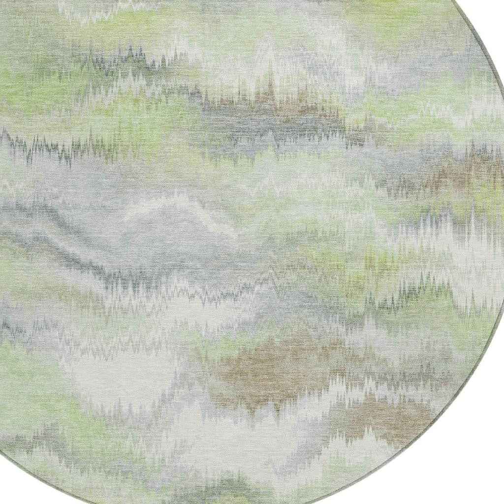 8' Artichoke Green And Ivory Round Abstract Washable Indoor Outdoor Area Rug