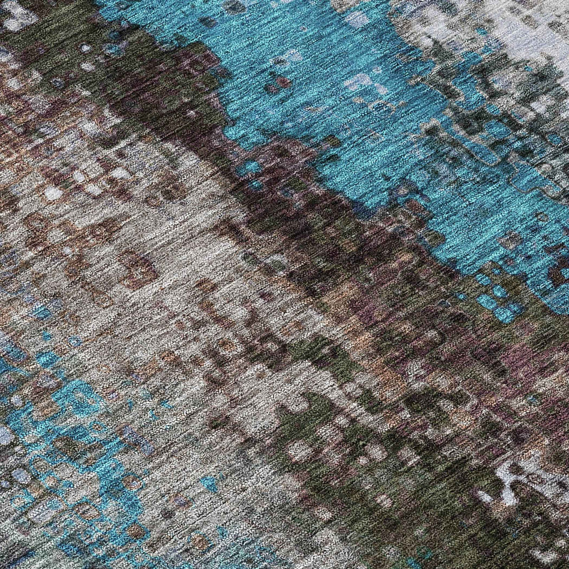 3' X 5' Khaki Ivory And Blue Abstract Washable Indoor Outdoor Area Rug