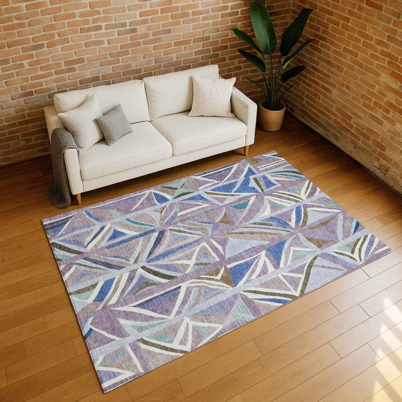 9' X 12' Lavender Ivory And Blue Geometric Washable Indoor Outdoor Area Rug