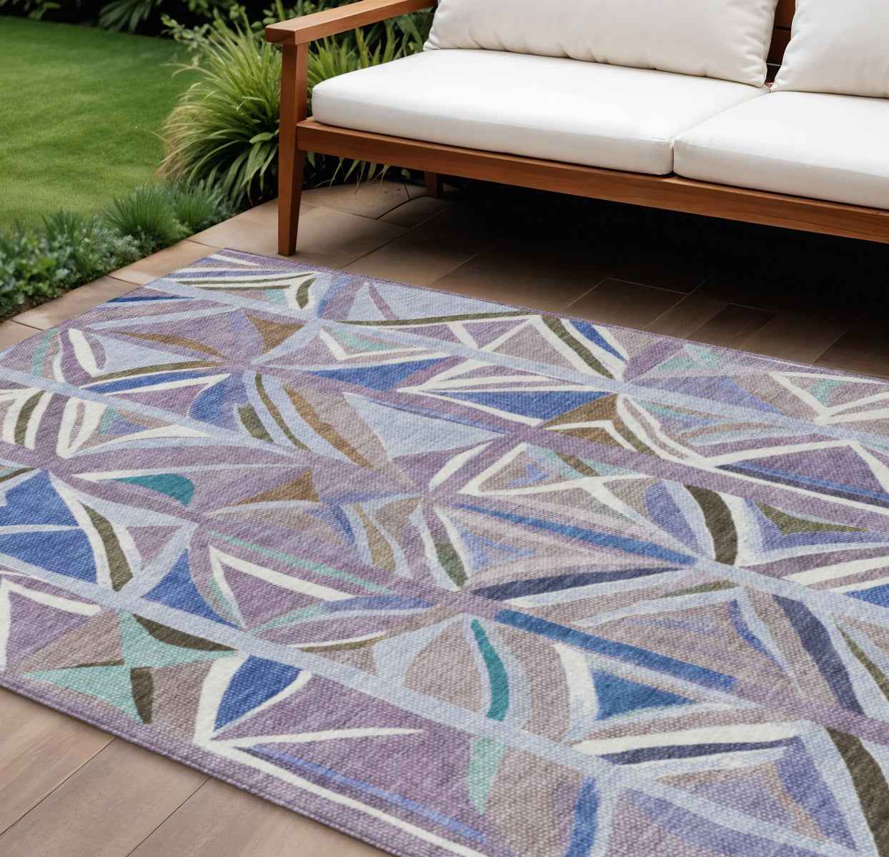 9' X 12' Lavender Ivory And Blue Geometric Washable Indoor Outdoor Area Rug