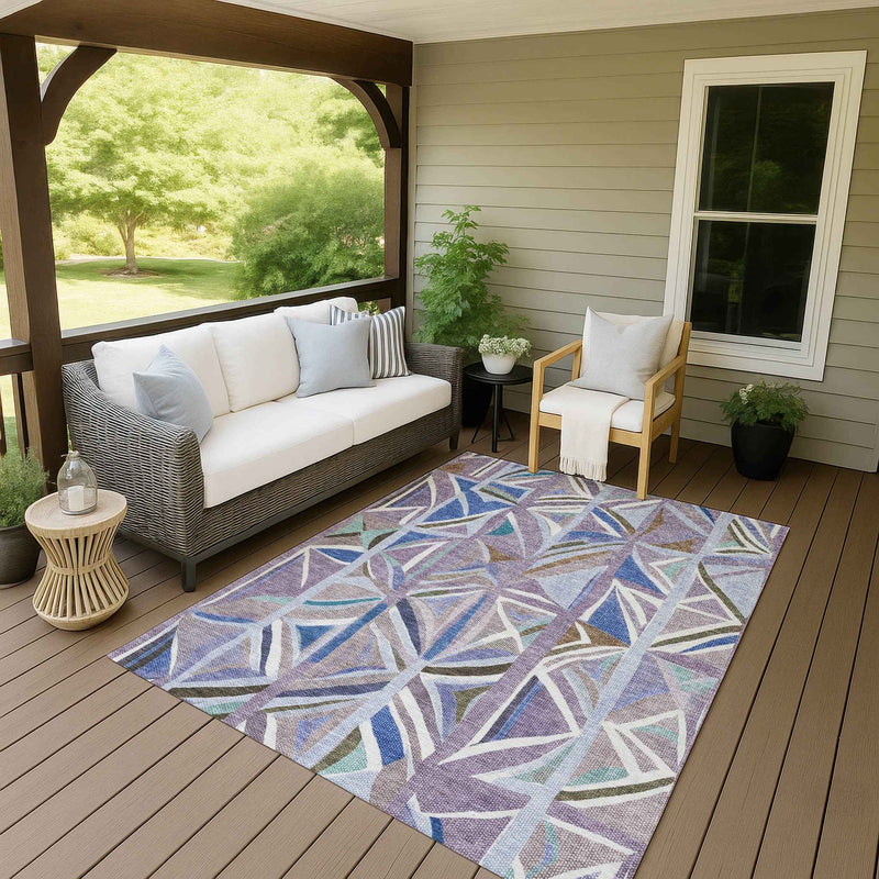 9' X 12' Lavender Ivory And Blue Geometric Washable Indoor Outdoor Area Rug