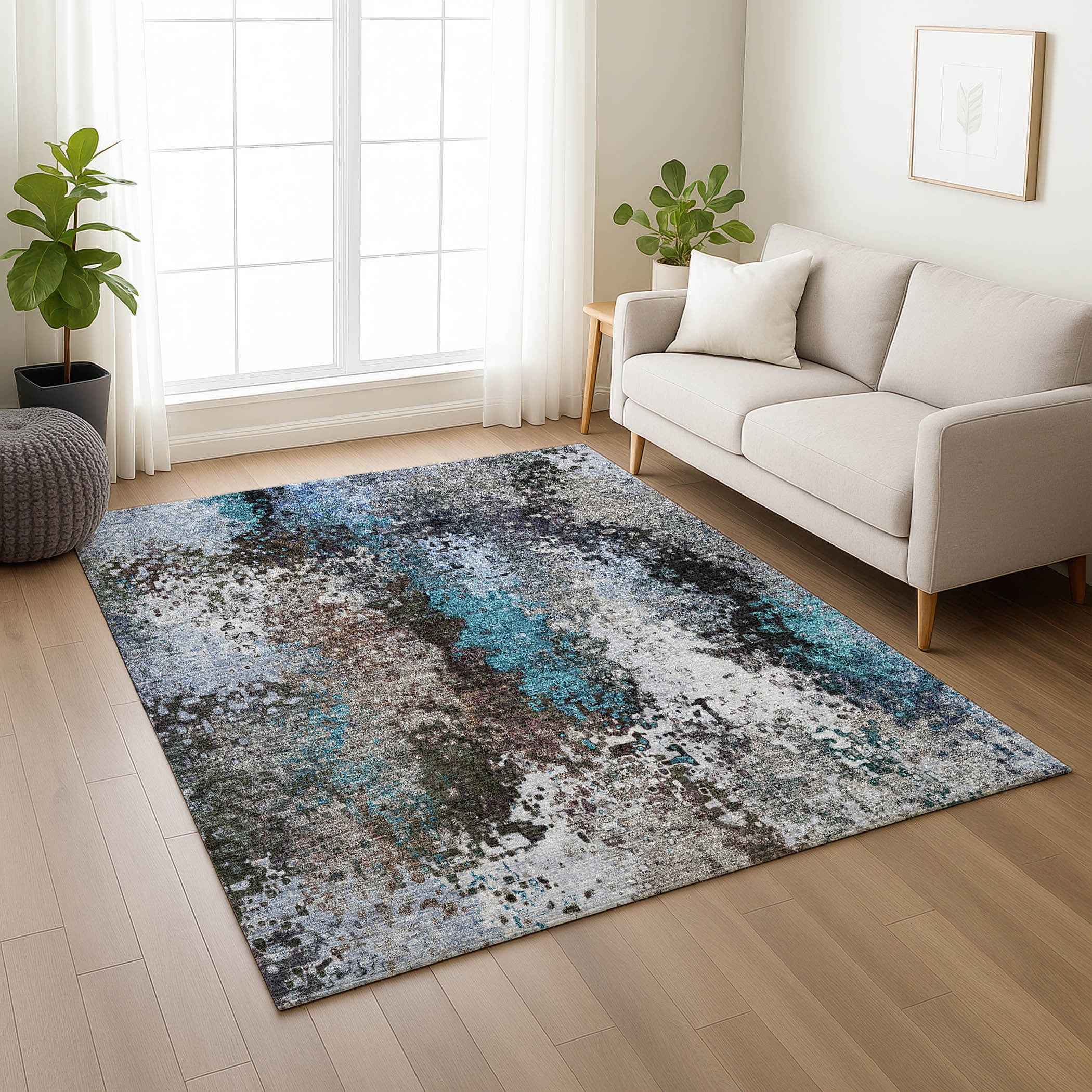 3' X 5' Khaki Ivory And Blue Abstract Washable Indoor Outdoor Area Rug