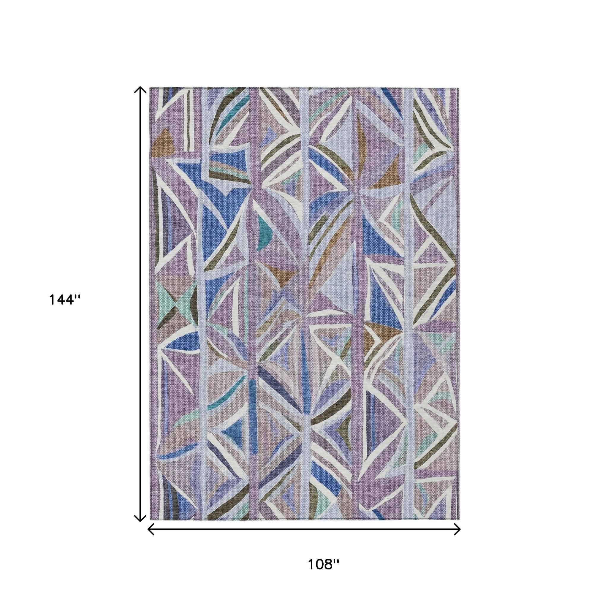 9' X 12' Lavender Ivory And Blue Geometric Washable Indoor Outdoor Area Rug