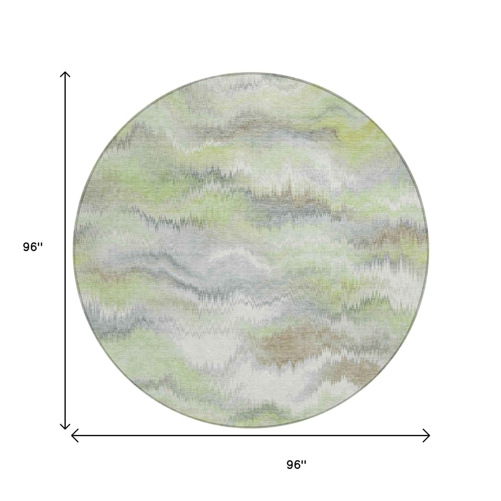 8' Artichoke Green And Ivory Round Abstract Washable Indoor Outdoor Area Rug