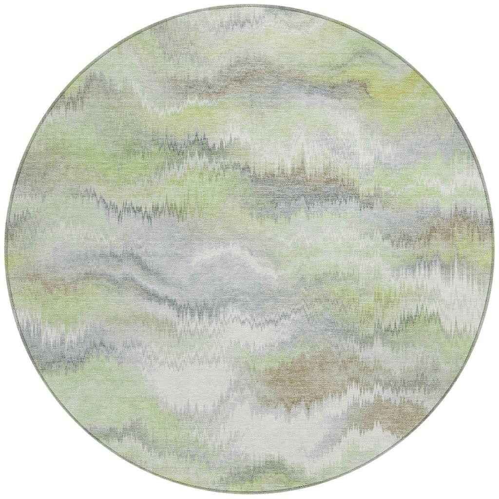 8' Artichoke Green And Ivory Round Abstract Washable Indoor Outdoor Area Rug