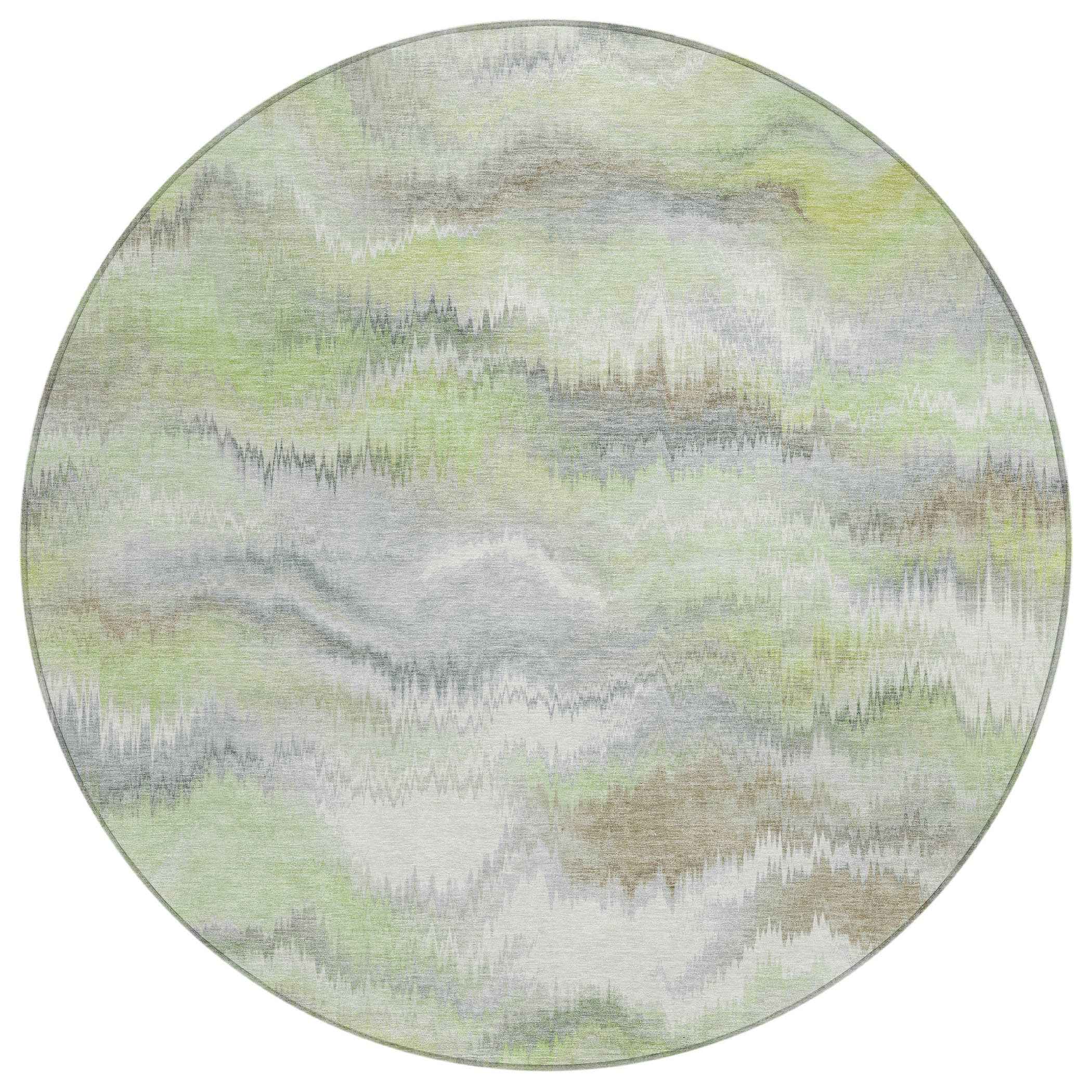 8' Artichoke Green And Ivory Round Abstract Washable Indoor Outdoor Area Rug