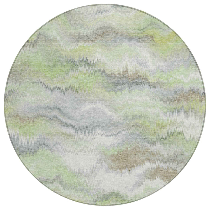 8' Artichoke Green And Ivory Round Abstract Washable Indoor Outdoor Area Rug