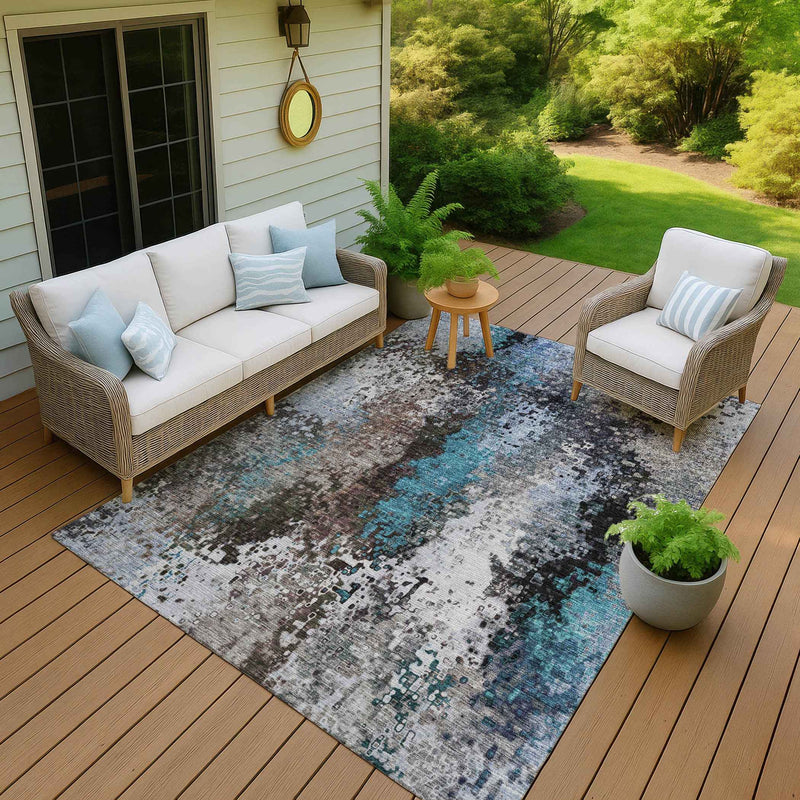 3' X 5' Khaki Ivory And Blue Abstract Washable Indoor Outdoor Area Rug