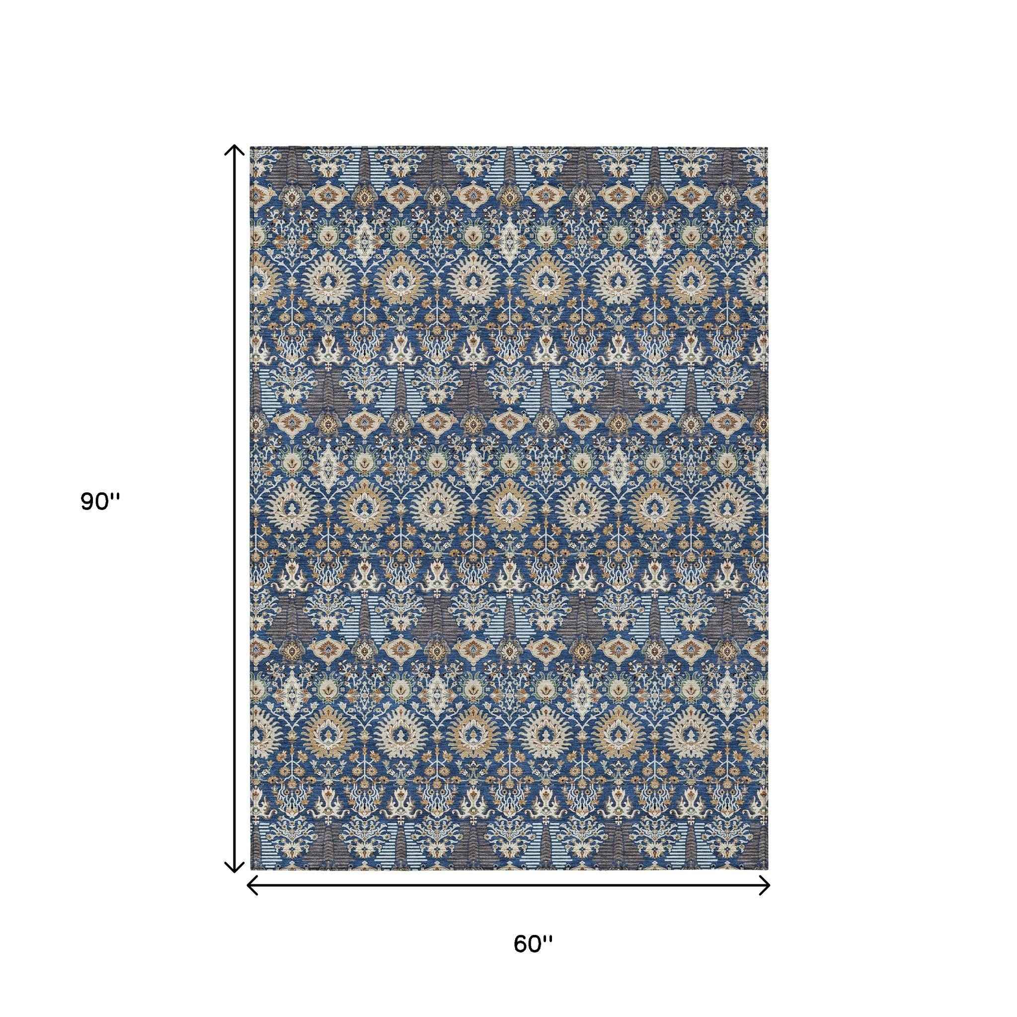 5' X 8' Navy Blue And Ivory Floral Washable Indoor Outdoor Area Rug