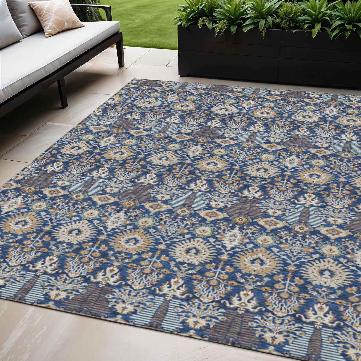 5' X 8' Navy Blue And Ivory Floral Washable Indoor Outdoor Area Rug