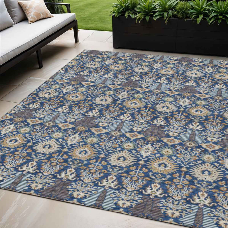 5' X 8' Navy Blue And Ivory Floral Washable Indoor Outdoor Area Rug