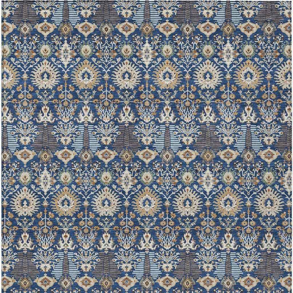 5' X 8' Navy Blue And Ivory Floral Washable Indoor Outdoor Area Rug