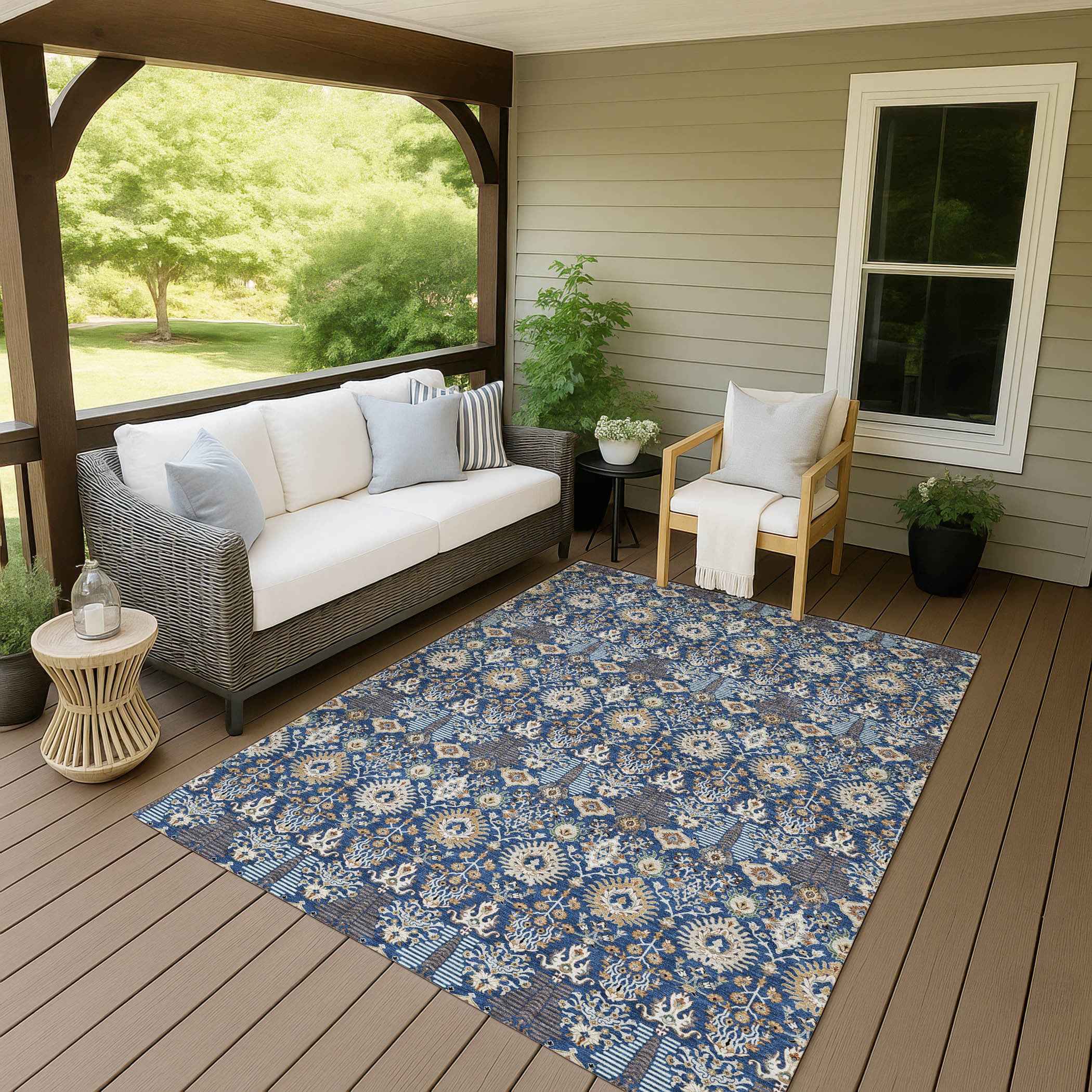 5' X 8' Navy Blue And Ivory Floral Washable Indoor Outdoor Area Rug