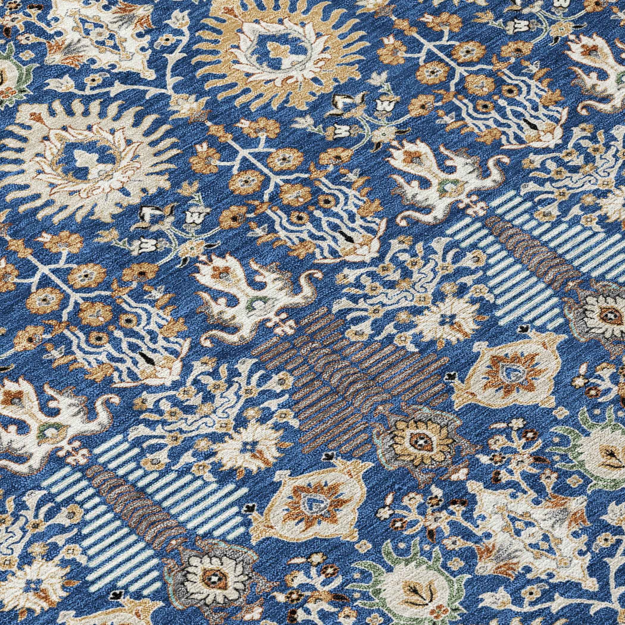 5' X 8' Navy Blue And Ivory Floral Washable Indoor Outdoor Area Rug