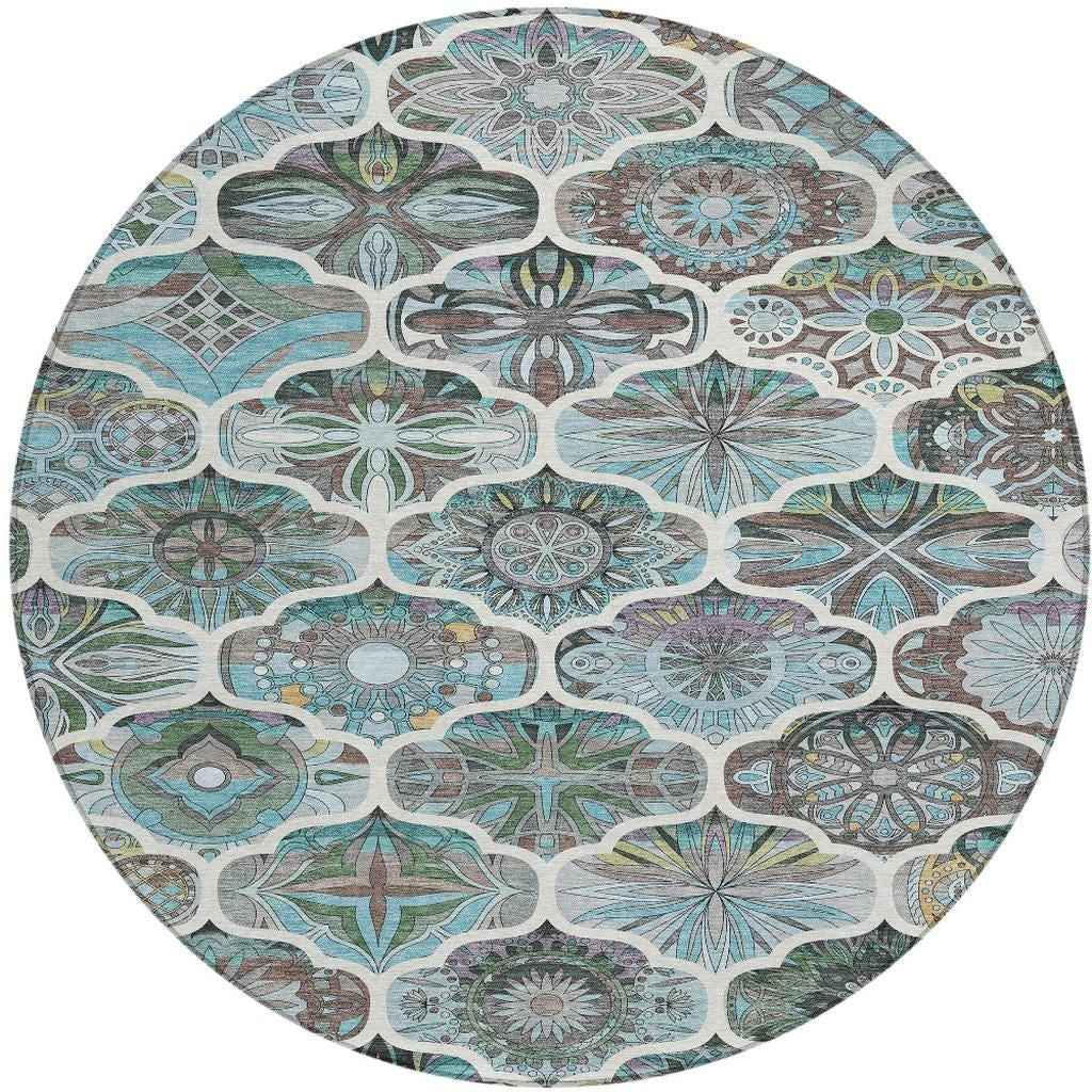 8' Teal Blue And Ivory Round Quatrefoil Washable Indoor Outdoor Area Rug