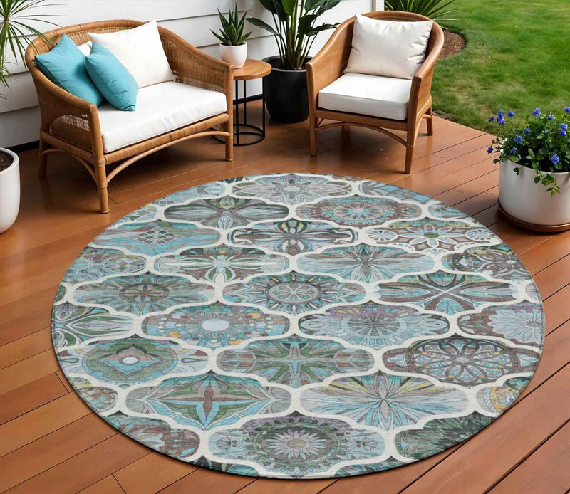 8' Teal Blue And Ivory Round Quatrefoil Washable Indoor Outdoor Area Rug