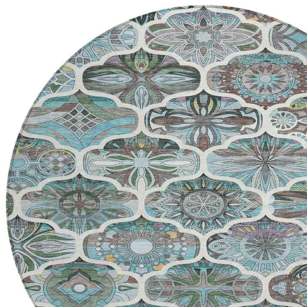 8' Teal Blue And Ivory Round Quatrefoil Washable Indoor Outdoor Area Rug