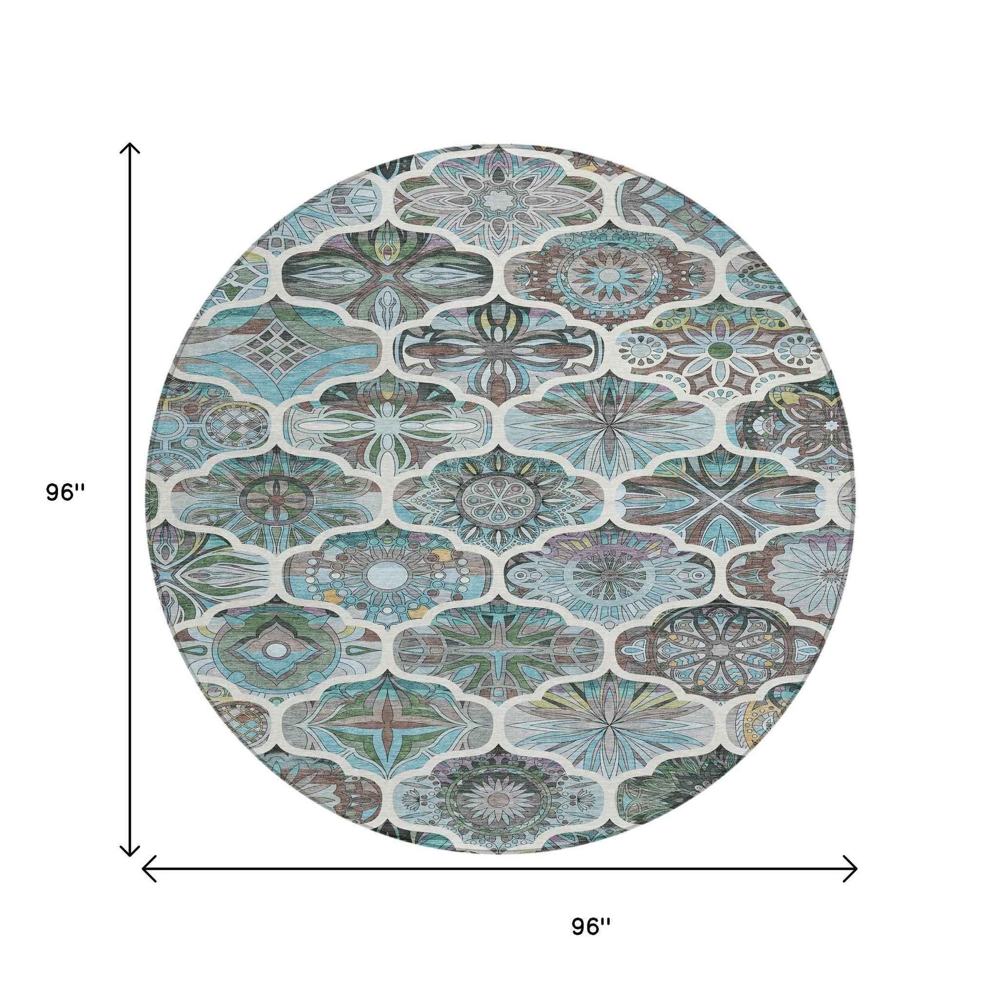 8' Teal Blue And Ivory Round Quatrefoil Washable Indoor Outdoor Area Rug