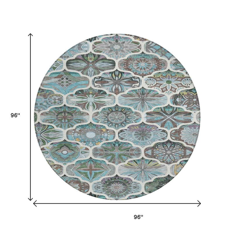 8' Teal Blue And Ivory Round Quatrefoil Washable Indoor Outdoor Area Rug