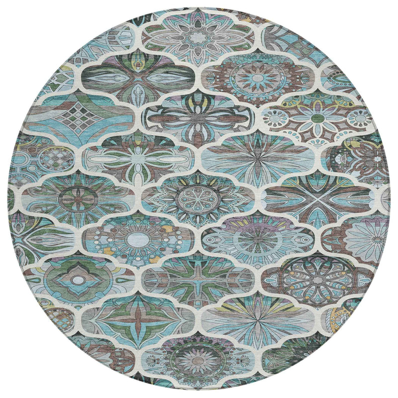 8' Teal Blue And Ivory Round Quatrefoil Washable Indoor Outdoor Area Rug