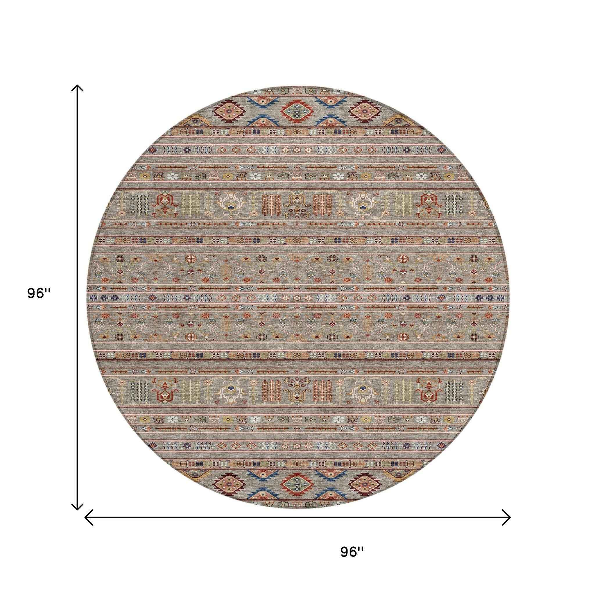 8' Taupe Blue And Copper Round Tribal Washable Indoor Outdoor Area Rug