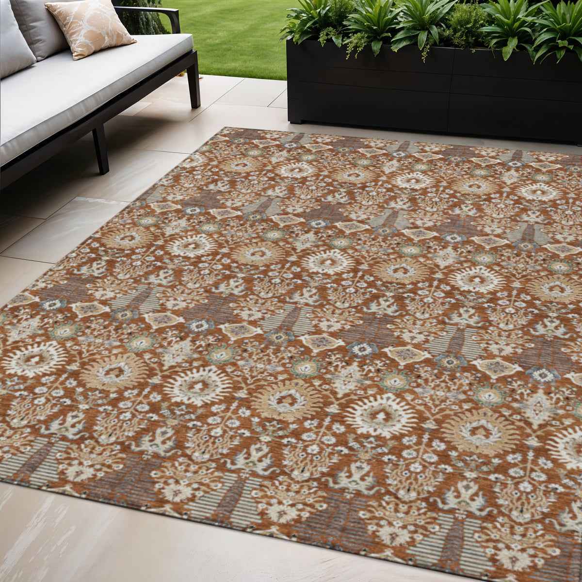 5' X 8' Rust And Ivory Floral Washable Indoor Outdoor Area Rug