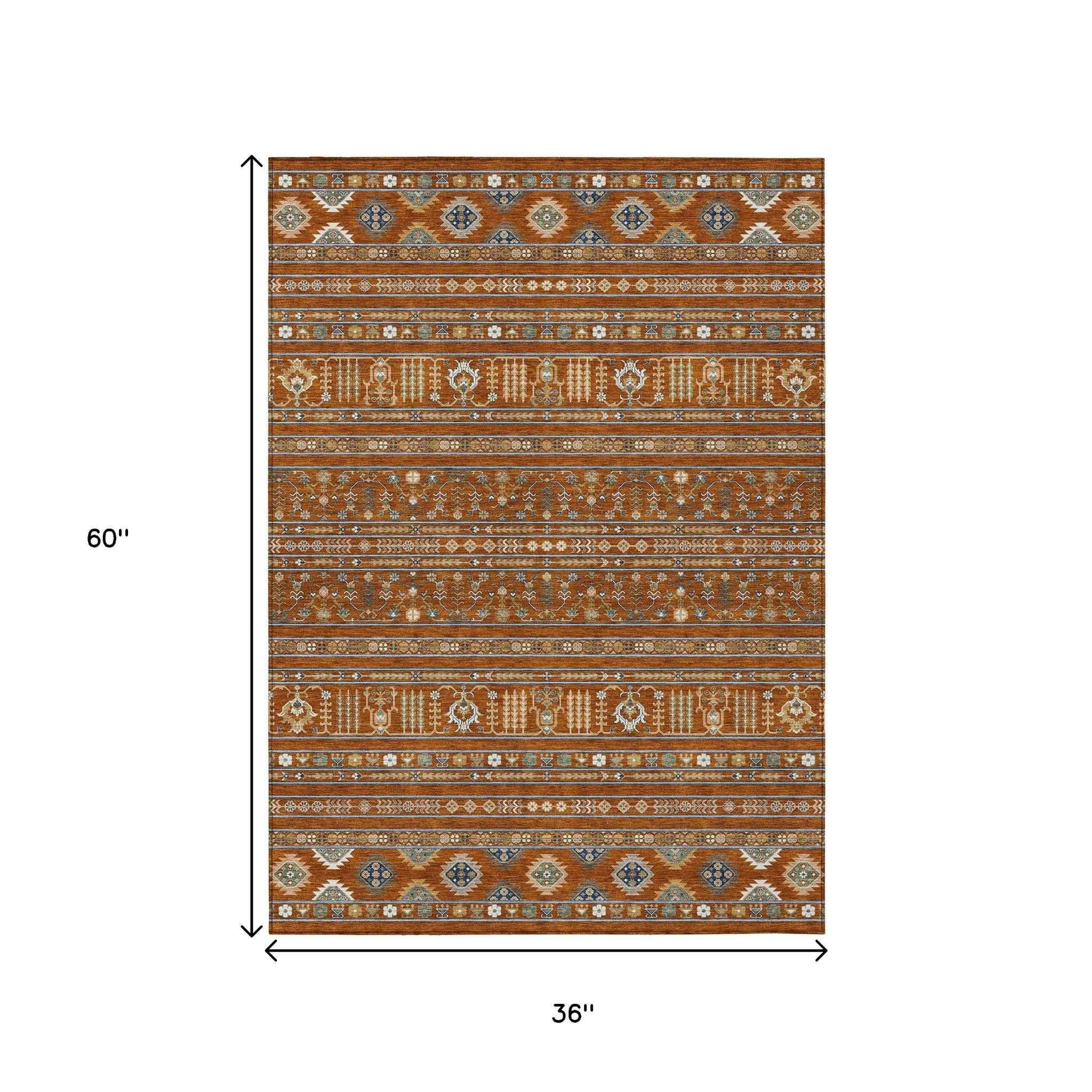 3' X 5' Rust Blue And Ivory Tribal Washable Indoor Outdoor Area Rug