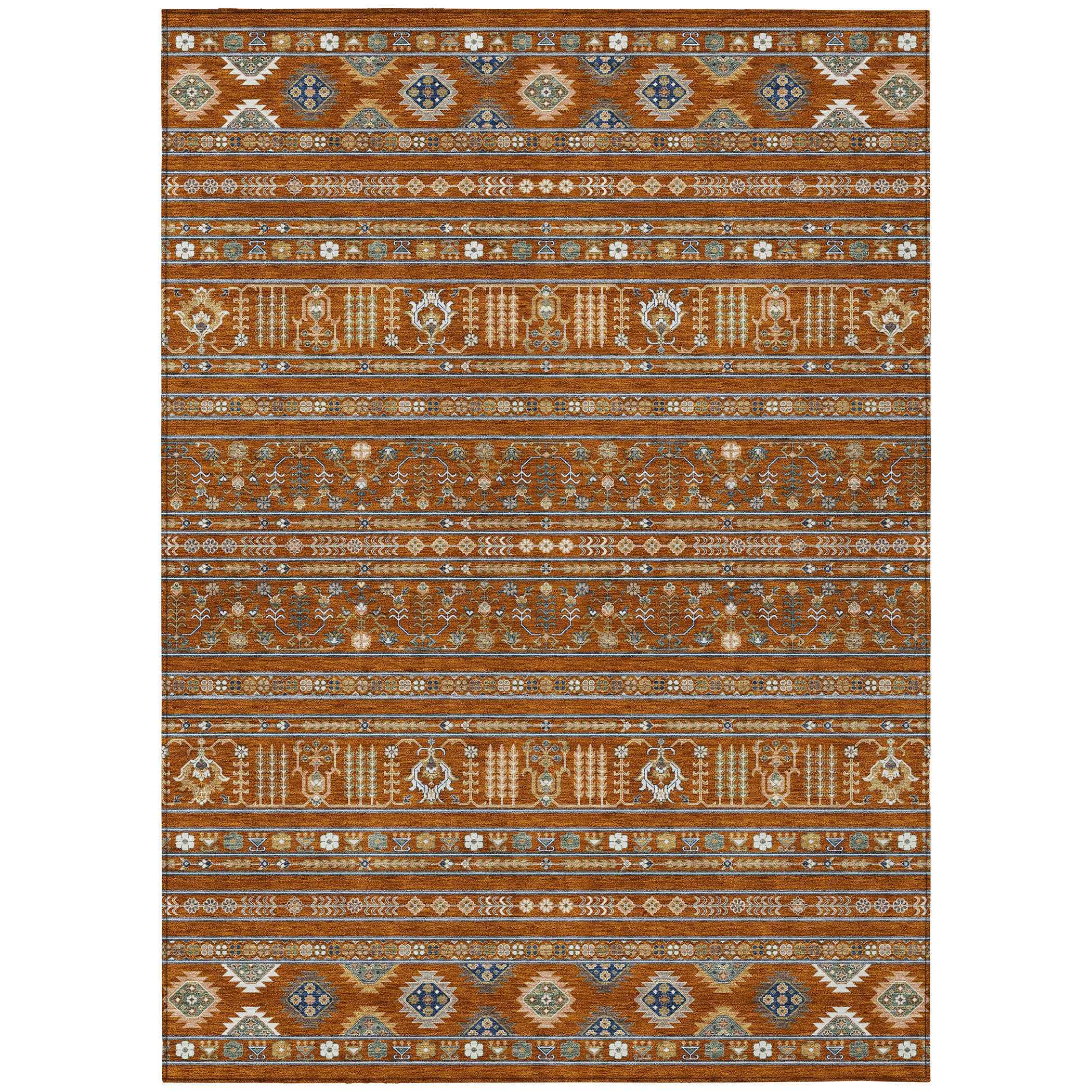 3' X 5' Rust Blue And Ivory Tribal Washable Indoor Outdoor Area Rug