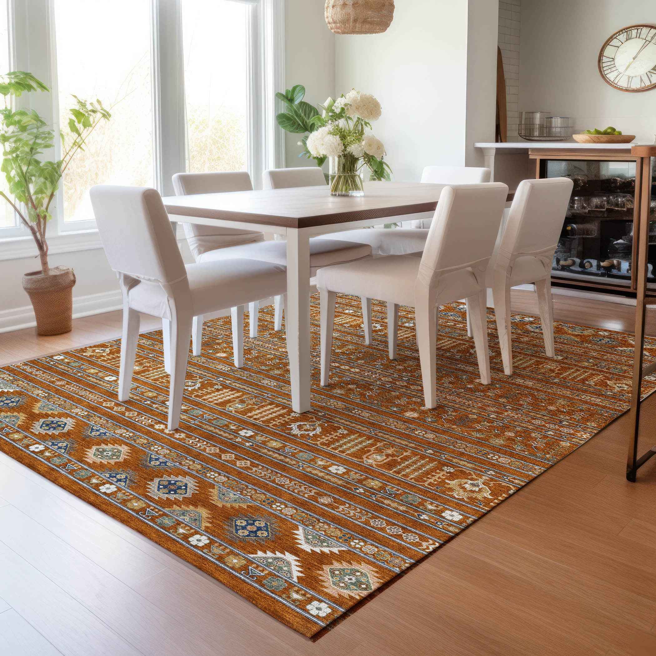 3' X 5' Rust Blue And Ivory Tribal Washable Indoor Outdoor Area Rug