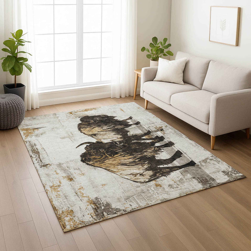 10' X 14' Beige Ivory And Charcoal Animal Print Washable Indoor Outdoor Area Rug
